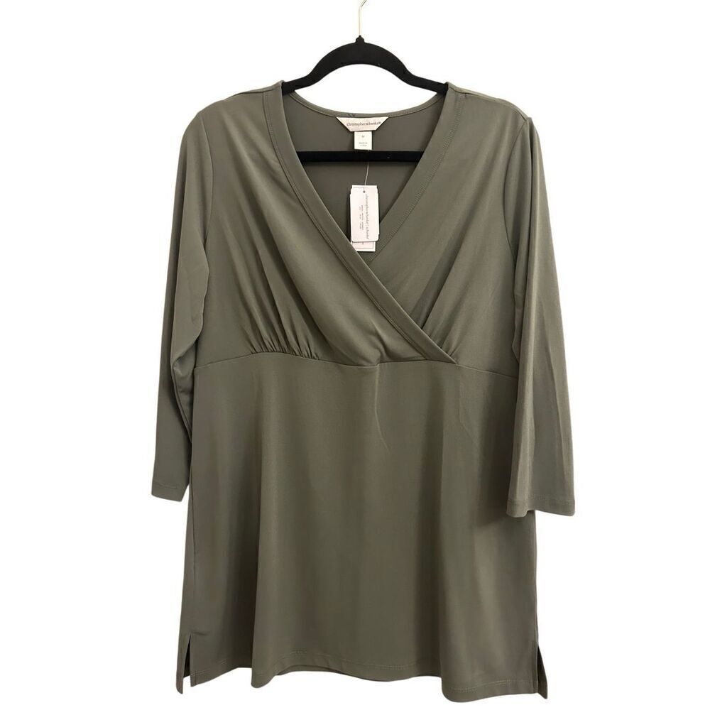 NWT Christopher & Banks Olive green Tunic blouse M stretchy jersey
